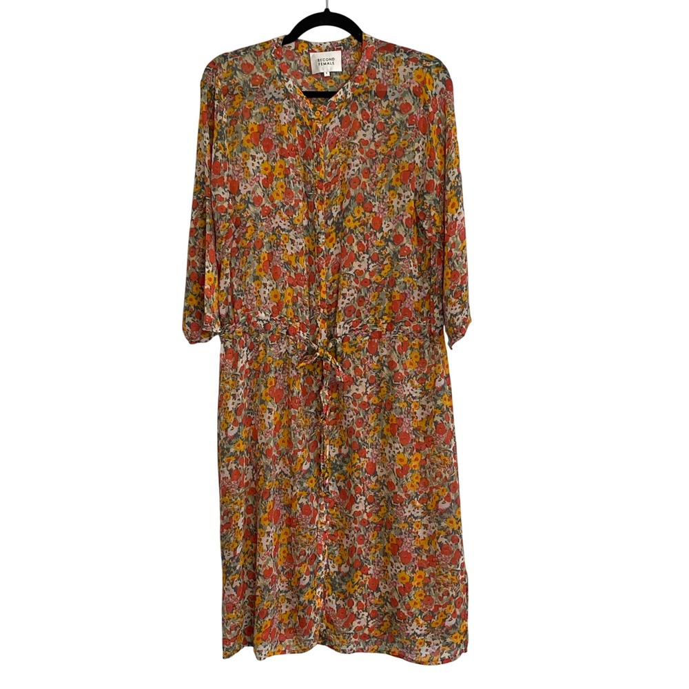 Second Female Anthropologie Garden Floral Midi Dress‎ Button Drawstring Waist S